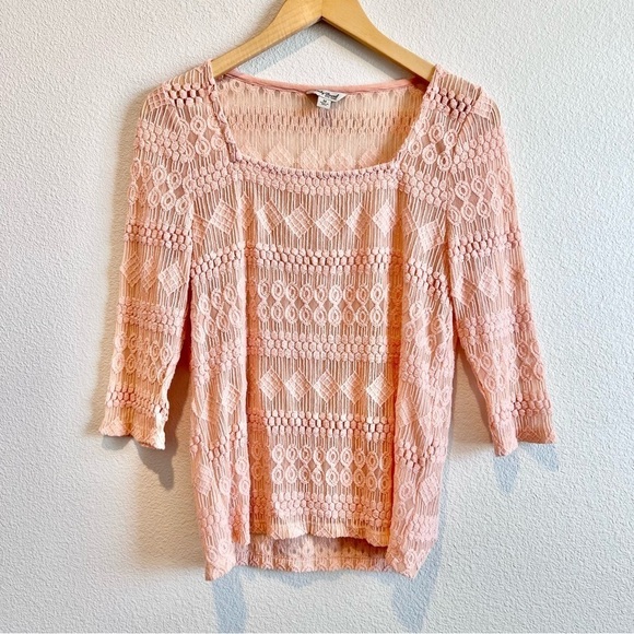 Lucky Brand Boho Crochet Square Neck Blouse Peach Quarter Sleeve Size Medium - Picture 1 of 9